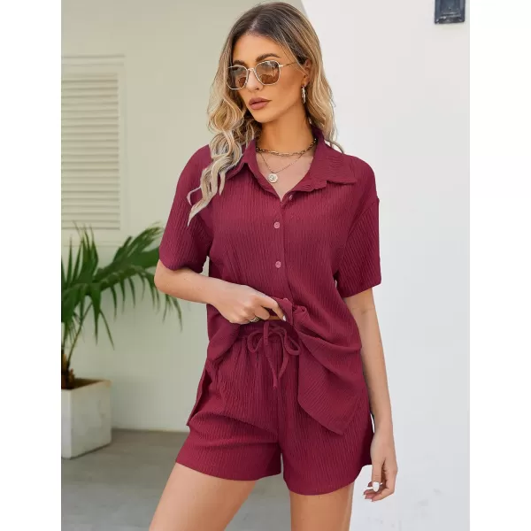 Flygo Womens 2 Piece Casual Outfits Summer Pleated Short Sleeve Top and Set Button Down Shirt Y2K