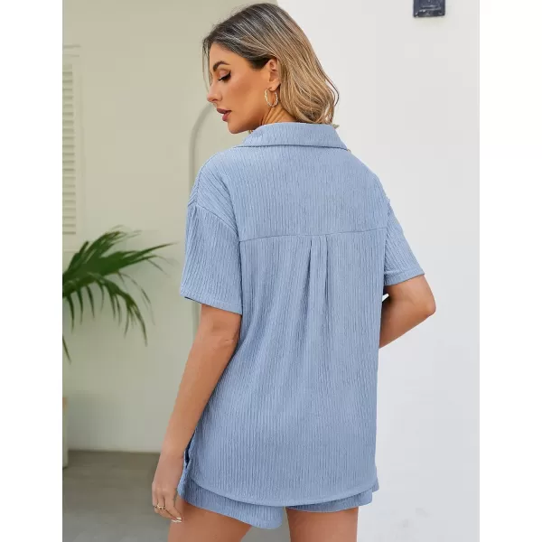 Flygo Womens 2 Piece Casual Outfits Summer Pleated Short Sleeve Top and Set Button Down Shirt Y2K