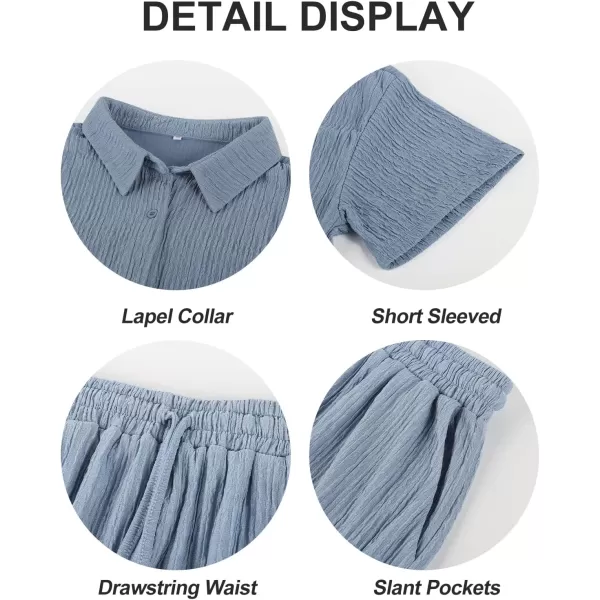 Flygo Womens 2 Piece Casual Outfits Summer Pleated Short Sleeve Top and Set Button Down Shirt Y2K