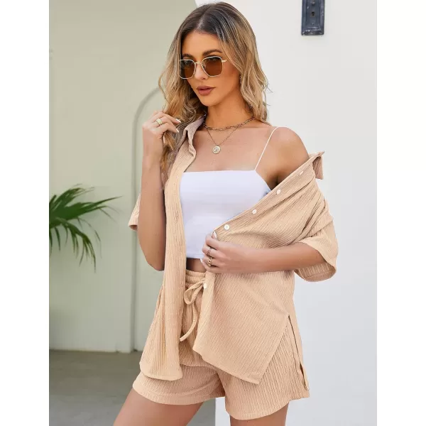 Flygo Womens 2 Piece Casual Outfits Summer Pleated Short Sleeve Top and Set Button Down Shirt Y2K