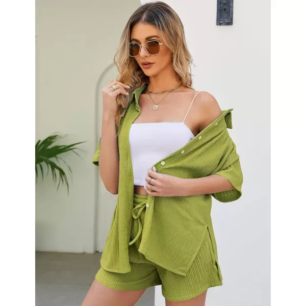 Flygo Womens 2 Piece Casual Outfits Summer Pleated Short Sleeve Top and Set Button Down Shirt Y2K