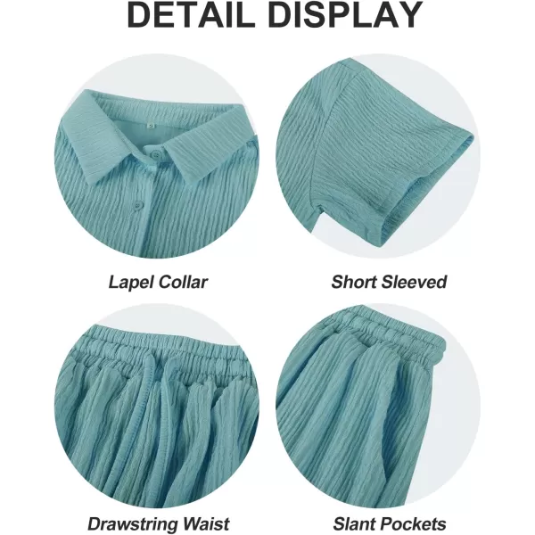 Flygo Womens 2 Piece Casual Outfits Summer Pleated Short Sleeve Top and Set Button Down Shirt Y2K