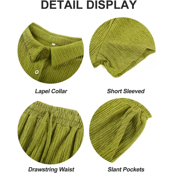 Flygo Womens 2 Piece Casual Outfits Summer Pleated Short Sleeve Top and Set Button Down Shirt Y2K