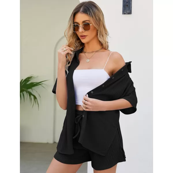 Flygo Womens 2 Piece Casual Outfits Summer Pleated Short Sleeve Top and Set Button Down Shirt Y2K