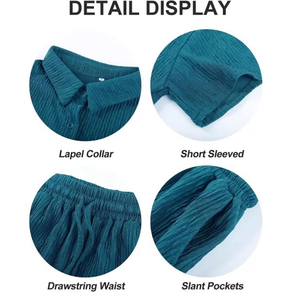 Flygo Womens 2 Piece Casual Outfits Summer Pleated Short Sleeve Top and Set Button Down Shirt Y2K