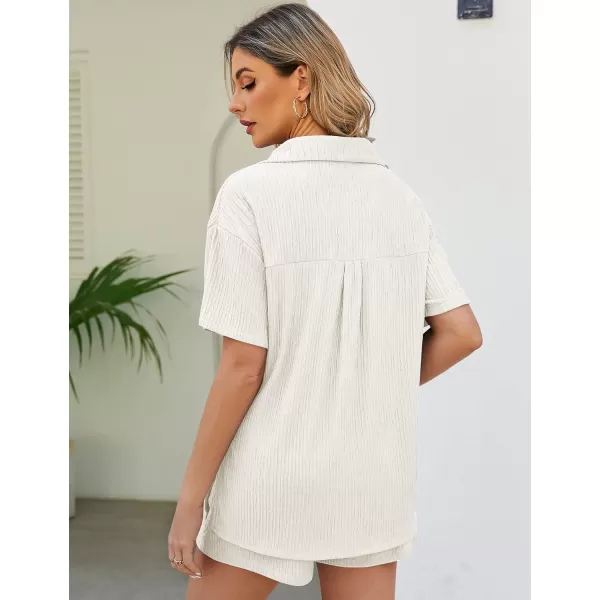Flygo Womens 2 Piece Casual Outfits Summer Pleated Short Sleeve Top and Set Button Down Shirt Y2K