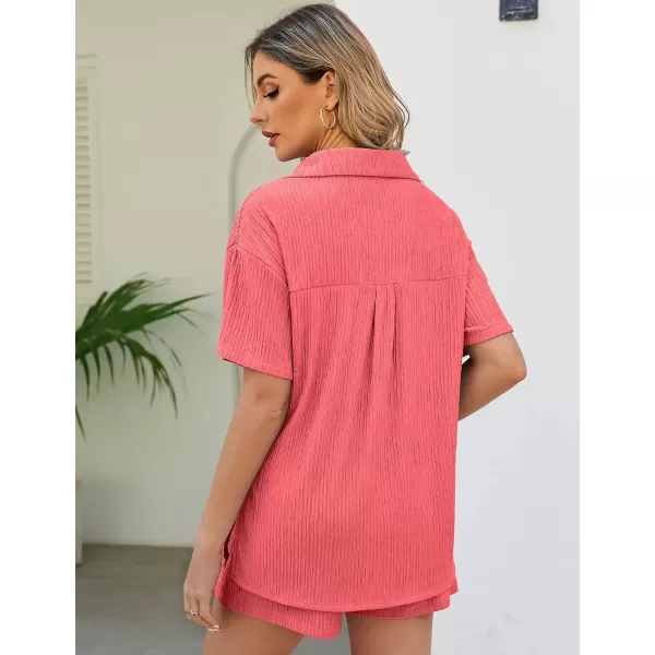 Flygo Womens 2 Piece Casual Outfits Summer Pleated Short Sleeve Top and Set Button Down Shirt Y2K
