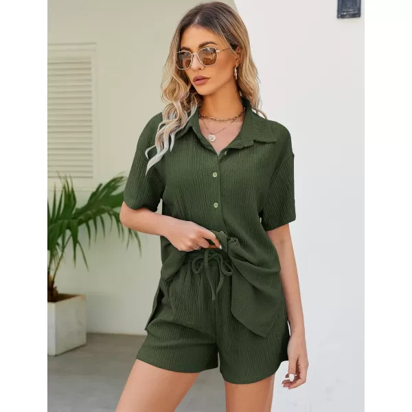 Flygo Womens 2 Piece Casual Outfits Summer Pleated Short Sleeve Top and Set Button Down Shirt Y2K