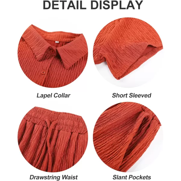 Flygo Womens 2 Piece Casual Outfits Summer Pleated Short Sleeve Top and Set Button Down Shirt Y2K