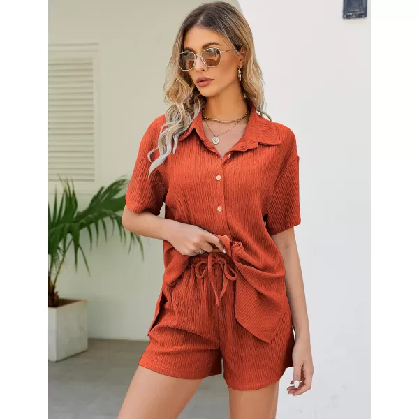 Flygo Womens 2 Piece Casual Outfits Summer Pleated Short Sleeve Top and Set Button Down Shirt Y2K