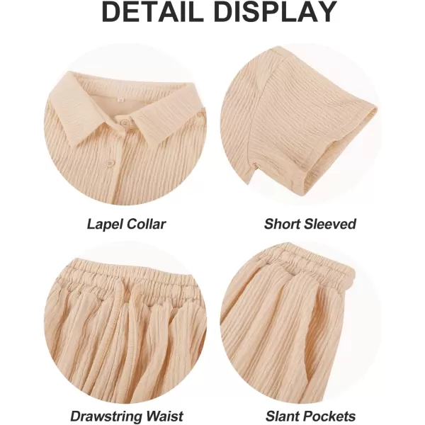Flygo Womens 2 Piece Casual Outfits Summer Pleated Short Sleeve Top and Set Button Down Shirt Y2K