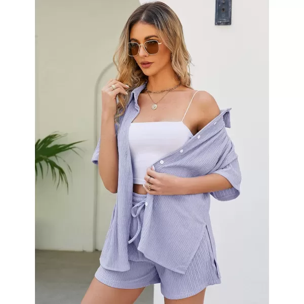Flygo Womens 2 Piece Casual Outfits Summer Pleated Short Sleeve Top and Set Button Down Shirt Y2K