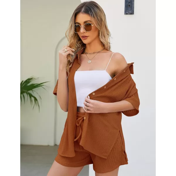 Flygo Womens 2 Piece Casual Outfits Summer Pleated Short Sleeve Top and Set Button Down Shirt Y2K