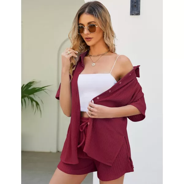 Flygo Womens 2 Piece Casual Outfits Summer Pleated Short Sleeve Top and Set Button Down Shirt Y2K
