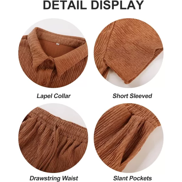 Flygo Womens 2 Piece Casual Outfits Summer Pleated Short Sleeve Top and Set Button Down Shirt Y2K