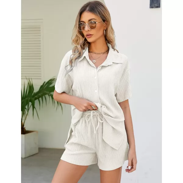 Flygo Womens 2 Piece Casual Outfits Summer Pleated Short Sleeve Top and Set Button Down Shirt Y2K