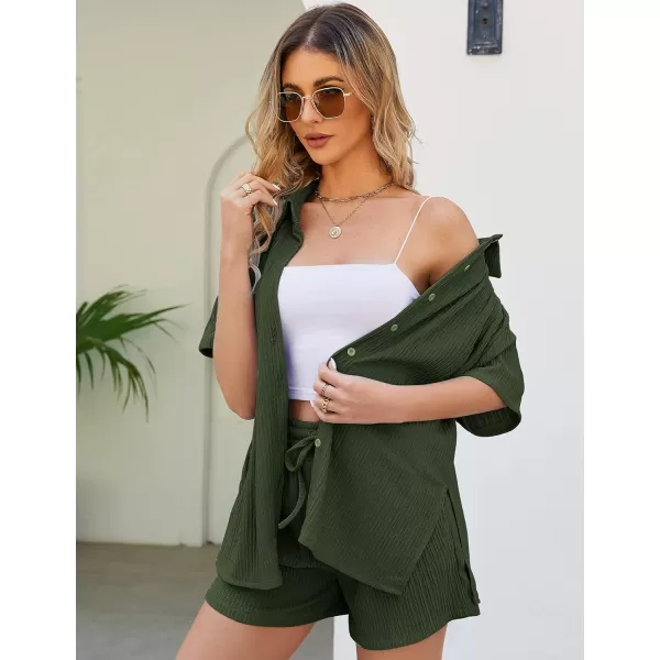 Flygo Womens 2 Piece Casual Outfits Summer Pleated Short Sleeve Top and Set Button Down Shirt Y2K