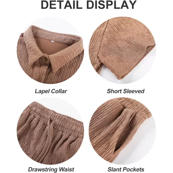 Flygo Womens 2 Piece Casual Outfits Summer Pleated Short Sleeve Top and Set Button Down Shirt Y2K