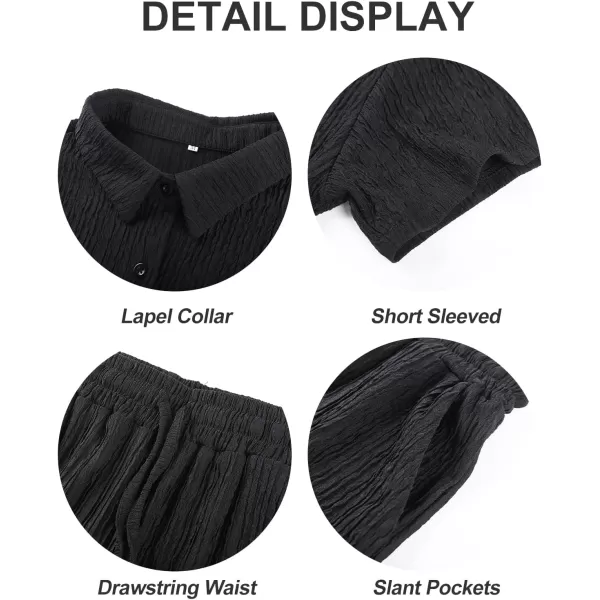 Flygo Womens 2 Piece Casual Outfits Summer Pleated Short Sleeve Top and Set Button Down Shirt Y2K
