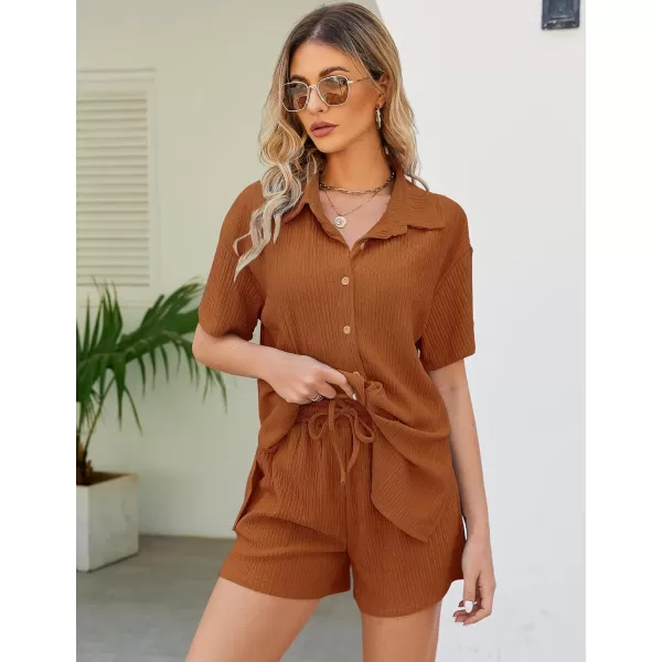 Flygo Womens 2 Piece Casual Outfits Summer Pleated Short Sleeve Top and Set Button Down Shirt Y2K