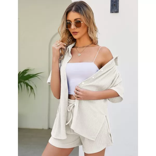 Flygo Womens 2 Piece Casual Outfits Summer Pleated Short Sleeve Top and Set Button Down Shirt Y2K