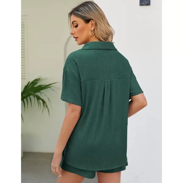 Flygo Womens 2 Piece Casual Outfits Summer Pleated Short Sleeve Top and Set Button Down Shirt Y2K