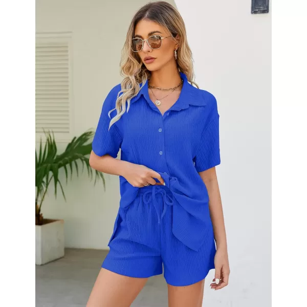 Flygo Womens 2 Piece Casual Outfits Summer Pleated Short Sleeve Top and Set Button Down Shirt Y2K