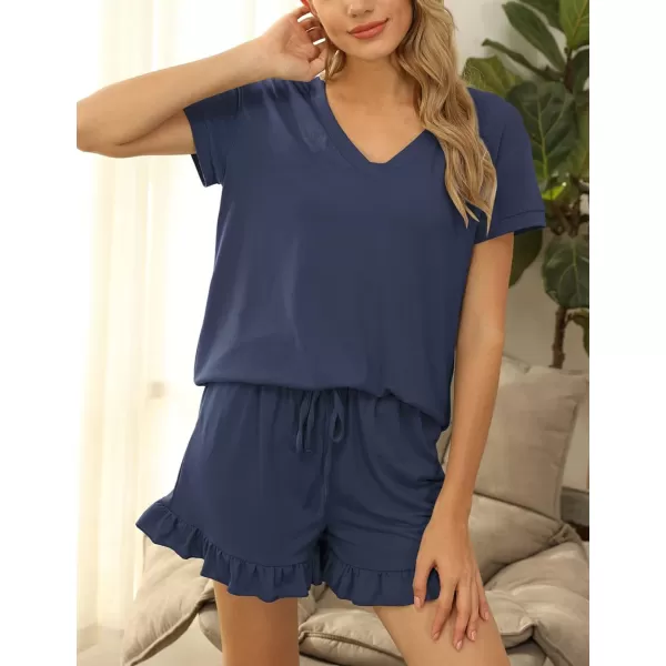 Flygo Women's 2 Piece Pajama Set Short Sleeve Tracksuit Sleepwear Scalloped Edges Drawstring Waist Shorts