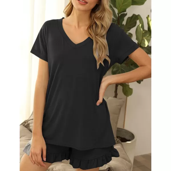 Flygo Women's 2 Piece Pajama Set Short Sleeve Tracksuit Sleepwear Scalloped Edges Drawstring Waist Shorts