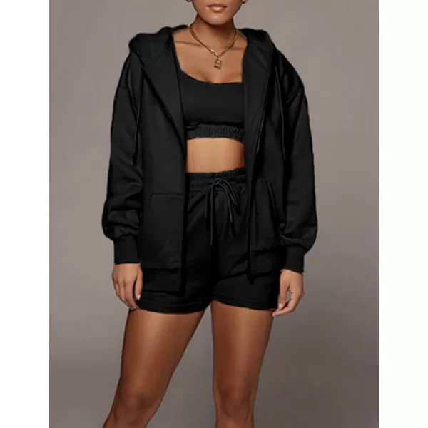 Flygo Womens 3 Piece Lounge Sets Long Sleeve Tracksuits Sexy Hooded Sweatsuit Outfits Shorts Jacket