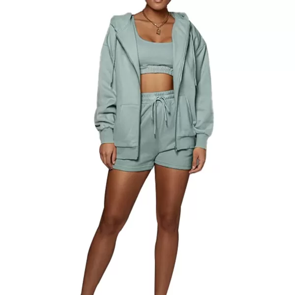 Flygo Womens 3 Piece Lounge Sets Long Sleeve Tracksuits Sexy Hooded Sweatsuit Outfits Shorts Jacket