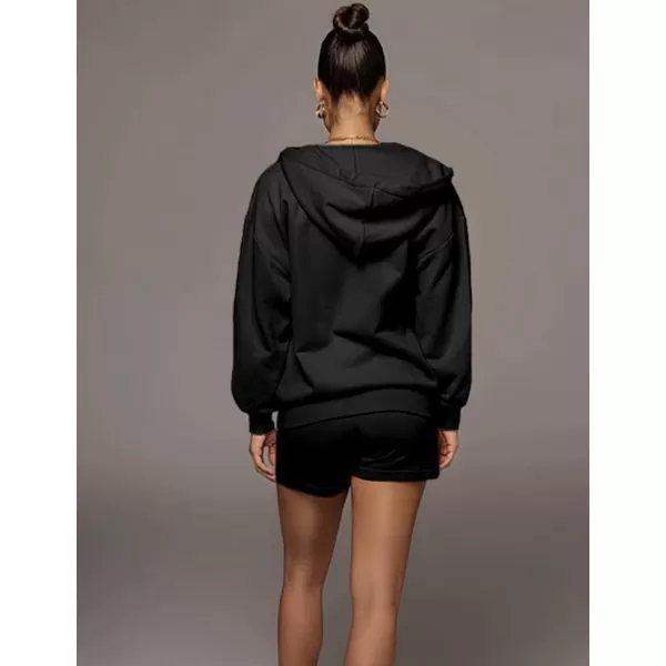 Flygo Womens 3 Piece Lounge Sets Long Sleeve Tracksuits Sexy Hooded Sweatsuit Outfits Shorts Jacket