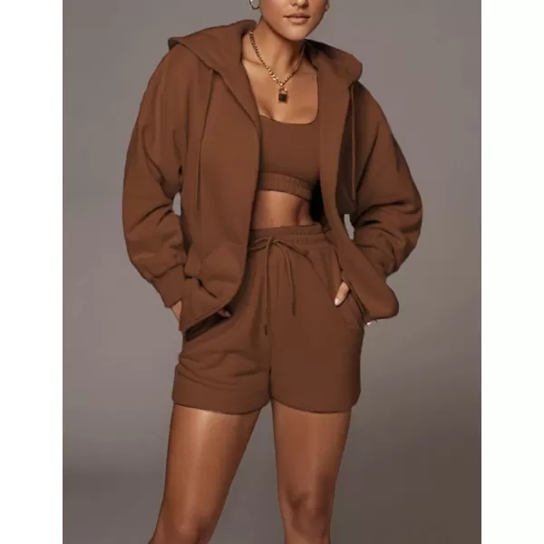 Flygo Womens 3 Piece Lounge Sets Long Sleeve Tracksuits Sexy Hooded Sweatsuit Outfits Shorts Jacket