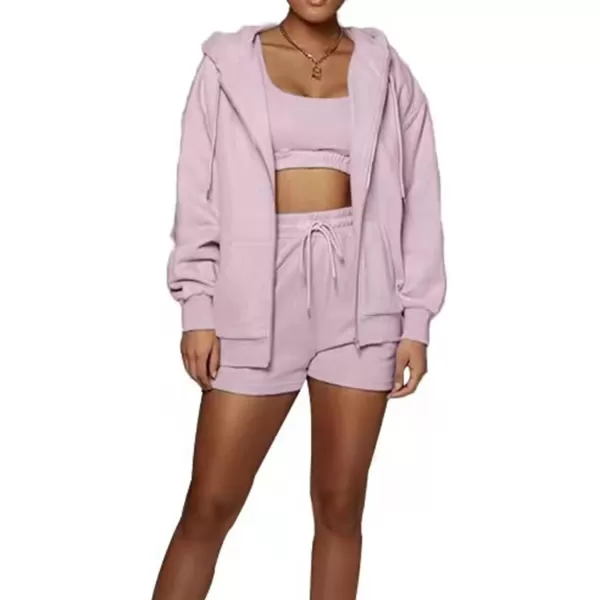 Flygo Womens 3 Piece Lounge Sets Long Sleeve Tracksuits Sexy Hooded Sweatsuit Outfits Shorts Jacket