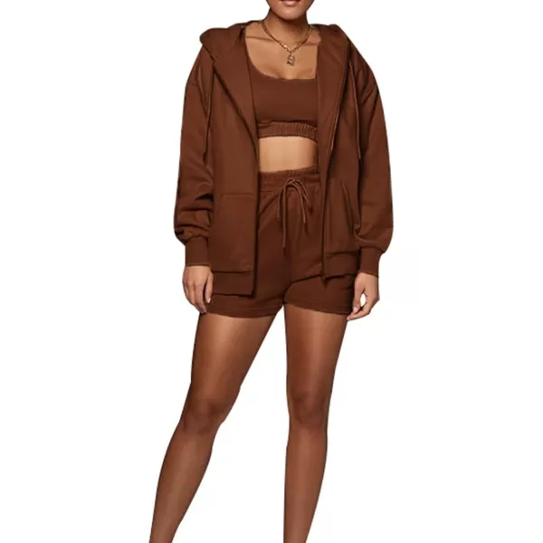 Flygo Womens 3 Piece Lounge Sets Long Sleeve Tracksuits Sexy Hooded Sweatsuit Outfits Shorts Jacket