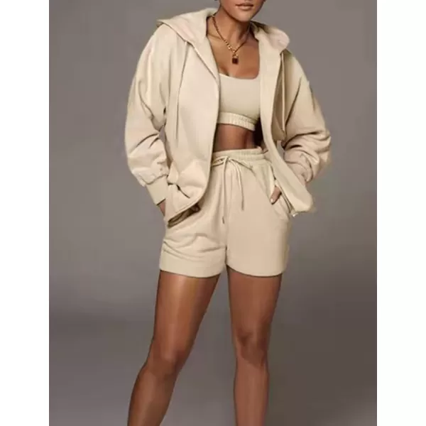 Flygo Womens 3 Piece Lounge Sets Long Sleeve Tracksuits Sexy Hooded Sweatsuit Outfits Shorts Jacket