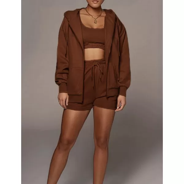 Flygo Womens 3 Piece Lounge Sets Long Sleeve Tracksuits Sexy Hooded Sweatsuit Outfits Shorts Jacket