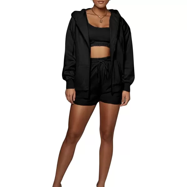 Flygo Womens 3 Piece Lounge Sets Long Sleeve Tracksuits Sexy Hooded Sweatsuit Outfits Shorts Jacket