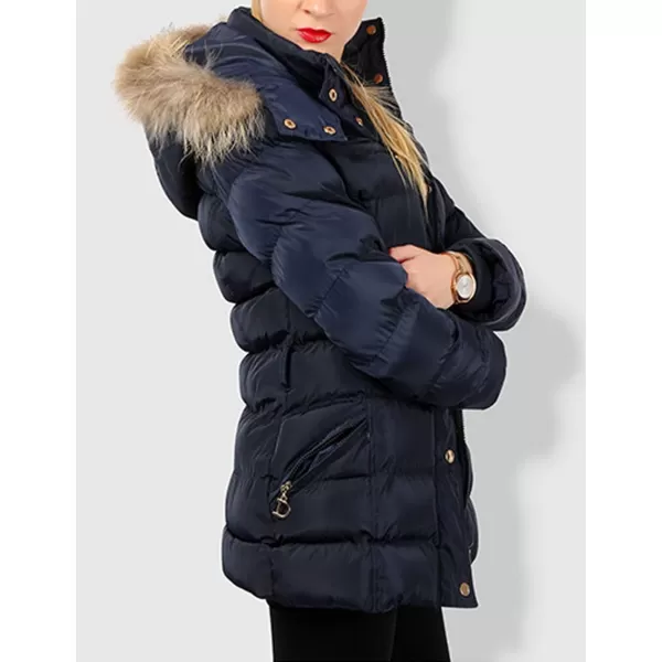 Flygo Women's Belted Puffer Jacket Quilted Zip Up Coat with Faux Fur Hood Trim