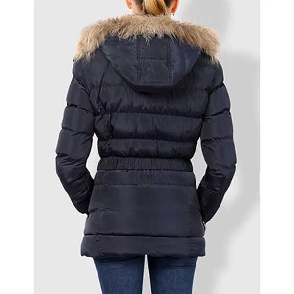 Flygo Women's Belted Puffer Jacket Quilted Zip Up Coat with Faux Fur Hood Trim