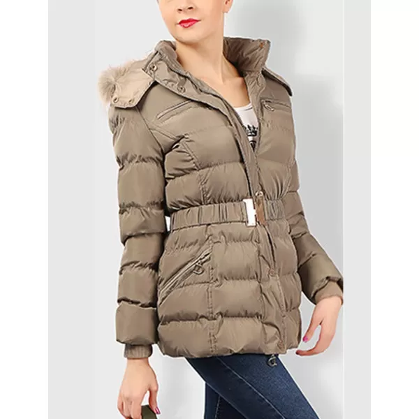 Flygo Women's Belted Puffer Jacket Quilted Zip Up Coat with Faux Fur Hood Trim