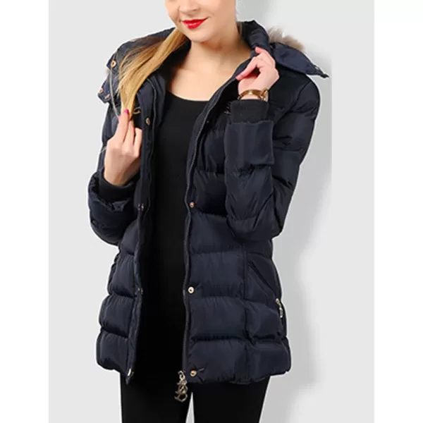 Flygo Women's Belted Puffer Jacket Quilted Zip Up Coat with Faux Fur Hood Trim