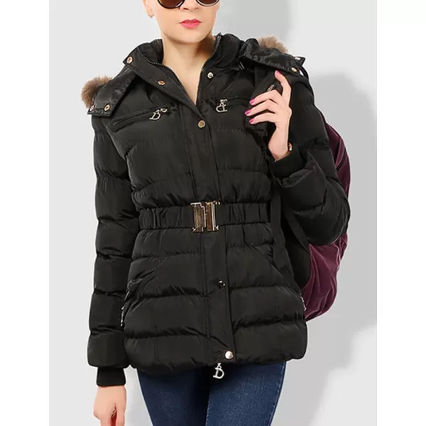 Flygo Women's Belted Puffer Jacket Quilted Zip Up Coat with Faux Fur Hood Trim