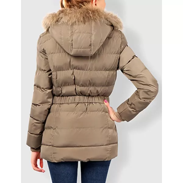 Flygo Women's Belted Puffer Jacket Quilted Zip Up Coat with Faux Fur Hood Trim
