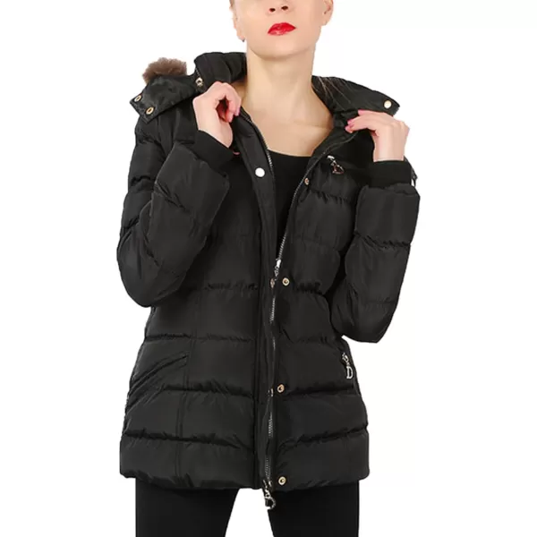 Flygo Women's Belted Puffer Jacket Quilted Zip Up Coat with Faux Fur Hood Trim