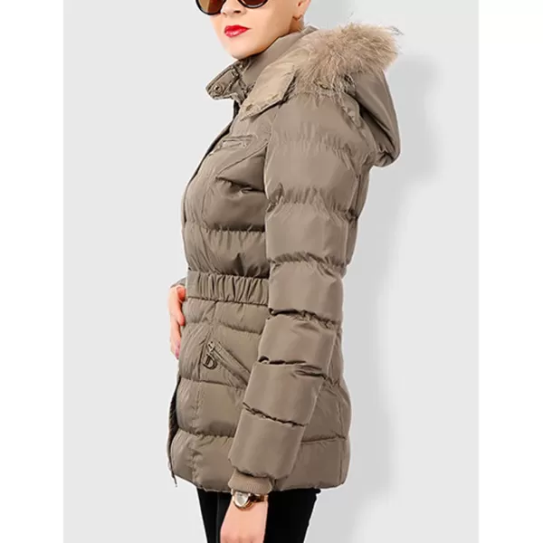 Flygo Women's Belted Puffer Jacket Quilted Zip Up Coat with Faux Fur Hood Trim