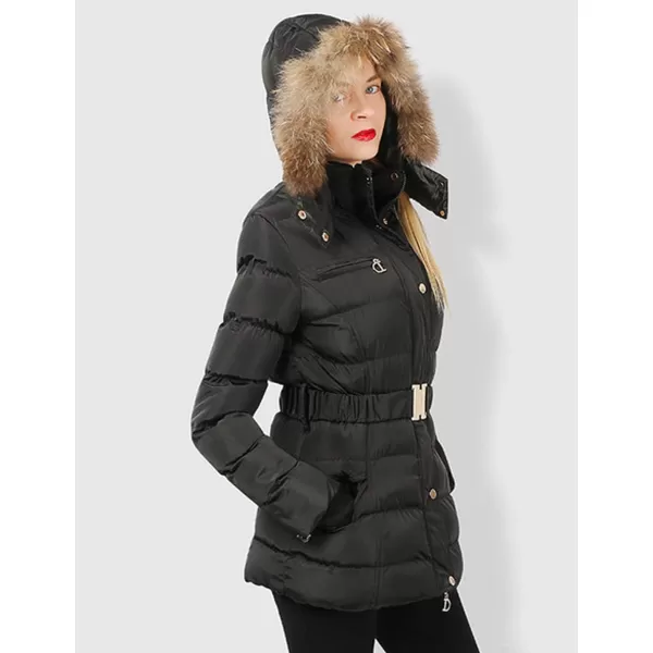 Flygo Women's Belted Puffer Jacket Quilted Zip Up Coat with Faux Fur Hood Trim