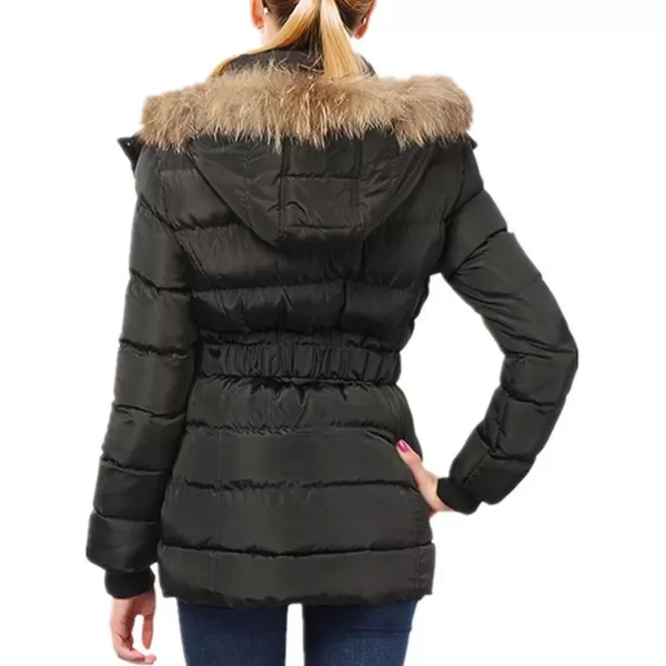 Flygo Women's Belted Puffer Jacket Quilted Zip Up Coat with Faux Fur Hood Trim