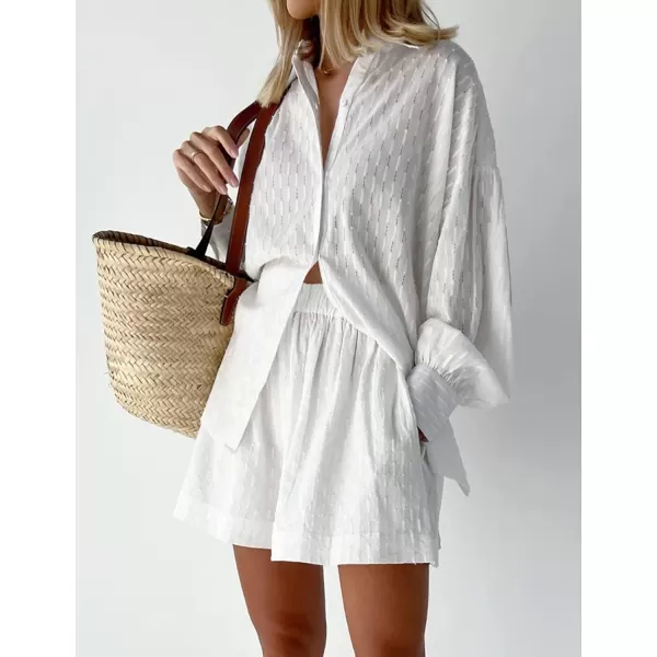Flygo Womens Casual 2 Piece Outfits Puff Sleeve Button Down Blouse High Waisted Shorts Set