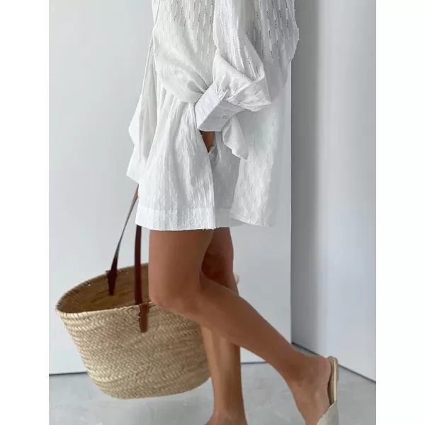Flygo Womens Casual 2 Piece Outfits Puff Sleeve Button Down Blouse High Waisted Shorts Set